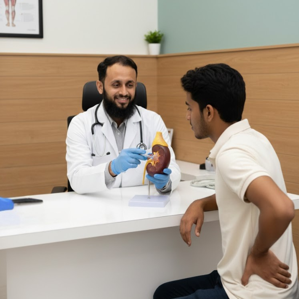 Dr. Mataf Farid, nephrologist, consulting a dialysis patient at Farid Kidney Care, Kalyan.